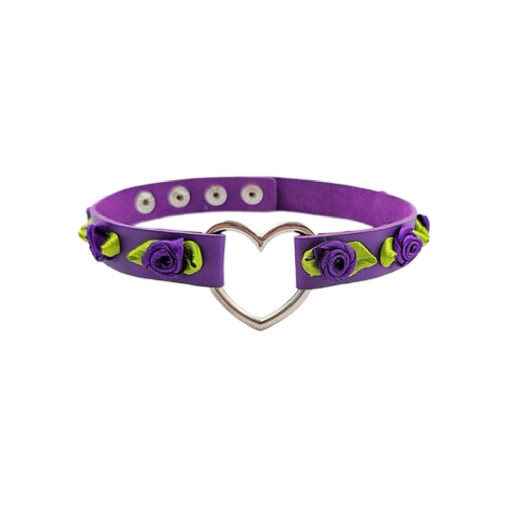 Purple leather Heart Ring Choker with roses feminine dainty grunge